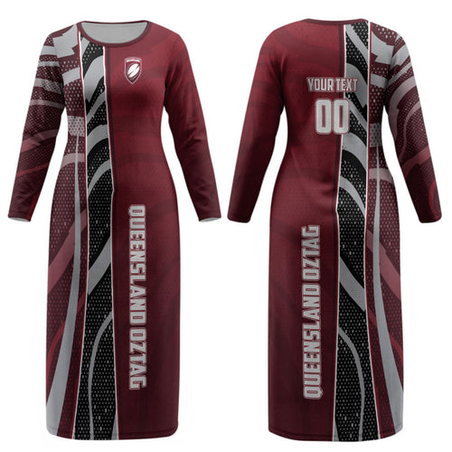 Personalized Queensland Oztag Couples Matching Long Sleeve Bodycon Dress and Long Sleeve Button Shirt Abstract Wave And Dotted Pattern Sports