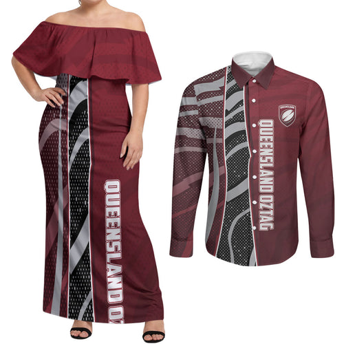 Personalized Queensland Oztag Couples Matching Off Shoulder Maxi Dress and Long Sleeve Button Shirt Abstract Wave And Dotted Pattern Sports