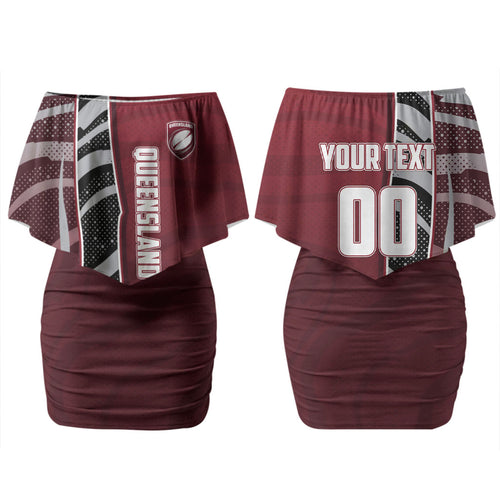 Personalized Queensland Oztag Couples Matching Off Shoulder Short Dress and Hawaiian Shirt Abstract Wave And Dotted Pattern Sports