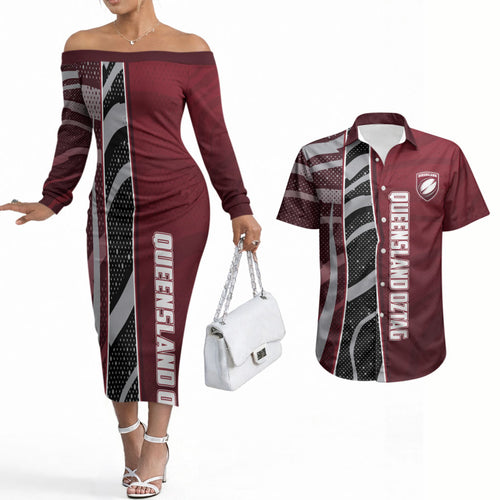Personalized Queensland Oztag Couples Matching Off The Shoulder Long Sleeve Dress and Hawaiian Shirt Abstract Wave And Dotted Pattern Sports