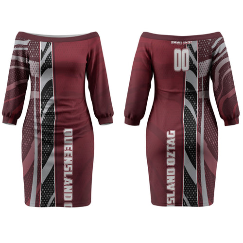 Personalized Queensland Oztag Couples Matching Off The Shoulder Long Sleeve Dress and Long Sleeve Button Shirt Abstract Wave And Dotted Pattern Sports
