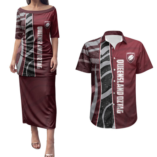 Personalized Queensland Oztag Couples Matching Puletasi and Hawaiian Shirt Abstract Wave And Dotted Pattern Sports