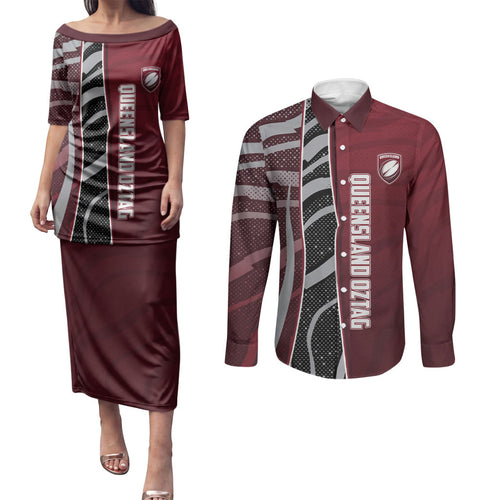 Personalized Queensland Oztag Couples Matching Puletasi and Long Sleeve Button Shirt Abstract Wave And Dotted Pattern Sports