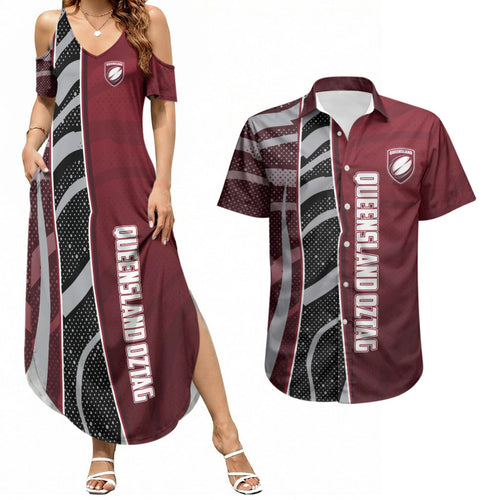 Personalized Queensland Oztag Couples Matching Summer Maxi Dress and Hawaiian Shirt Abstract Wave And Dotted Pattern Sports