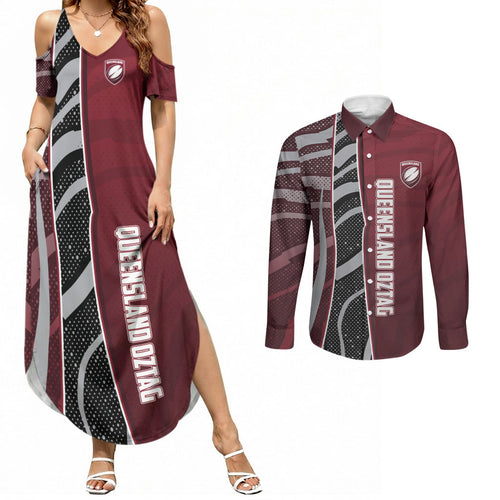 Personalized Queensland Oztag Couples Matching Summer Maxi Dress and Long Sleeve Button Shirt Abstract Wave And Dotted Pattern Sports