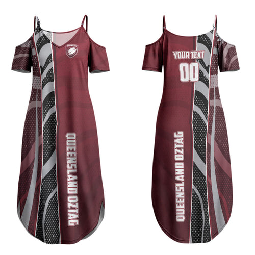Personalized Queensland Oztag Couples Matching Summer Maxi Dress and Long Sleeve Button Shirt Abstract Wave And Dotted Pattern Sports