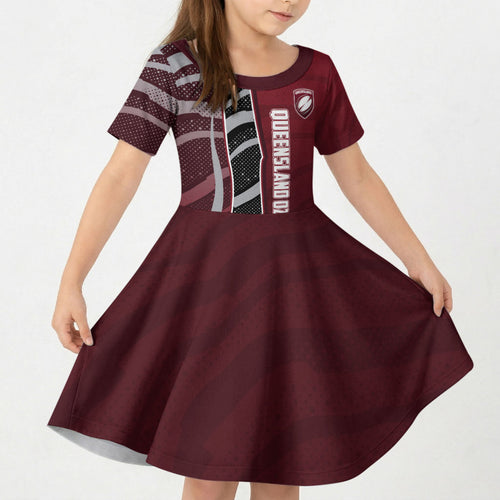 Personalized Queensland Oztag Kid Short Sleeve Dress Abstract Wave And Dotted Pattern Sports