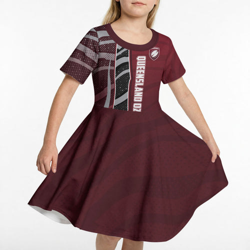 Personalized Queensland Oztag Kid Short Sleeve Dress Abstract Wave And Dotted Pattern Sports