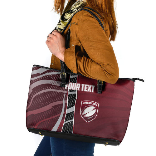 Personalized Queensland Oztag Leather Tote Bag Abstract Wave And Dotted Pattern Sports
