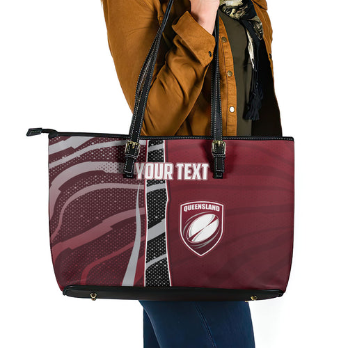 Personalized Queensland Oztag Leather Tote Bag Abstract Wave And Dotted Pattern Sports