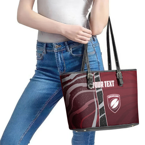 Personalized Queensland Oztag Leather Tote Bag Abstract Wave And Dotted Pattern Sports