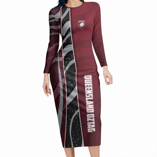 Personalized Queensland Oztag Long Sleeve Bodycon Dress Abstract Wave And Dotted Pattern Sports
