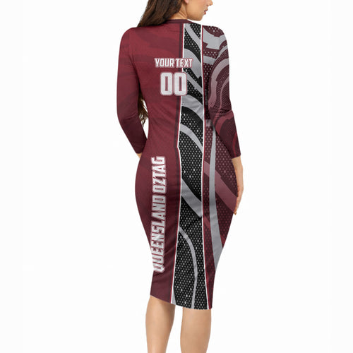 Personalized Queensland Oztag Long Sleeve Bodycon Dress Abstract Wave And Dotted Pattern Sports