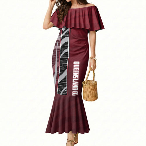 Personalized Queensland Oztag Mermaid Dress Abstract Wave And Dotted Pattern Sports