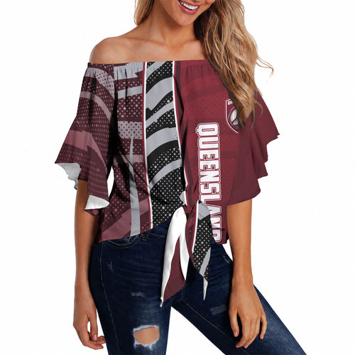 Personalized Queensland Oztag Off Shoulder Wrap Waist Top Abstract Wave And Dotted Pattern Sports