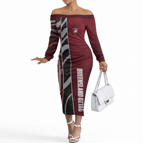 Personalized Queensland Oztag Off The Shoulder Long Sleeve Dress Abstract Wave And Dotted Pattern Sports