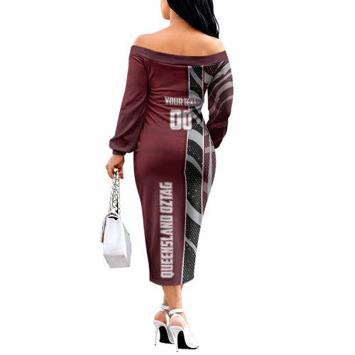 Personalized Queensland Oztag Off The Shoulder Long Sleeve Dress Abstract Wave And Dotted Pattern Sports