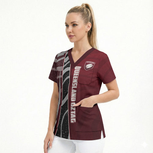 Personalized Queensland Oztag Scrub Top Abstract Wave And Dotted Pattern Sports