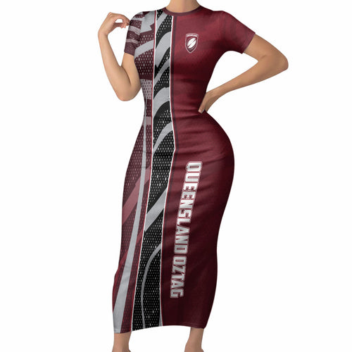 Personalized Queensland Oztag Short Sleeve Bodycon Dress Abstract Wave And Dotted Pattern Sports