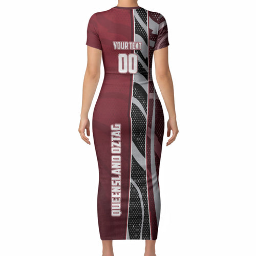 Personalized Queensland Oztag Short Sleeve Bodycon Dress Abstract Wave And Dotted Pattern Sports