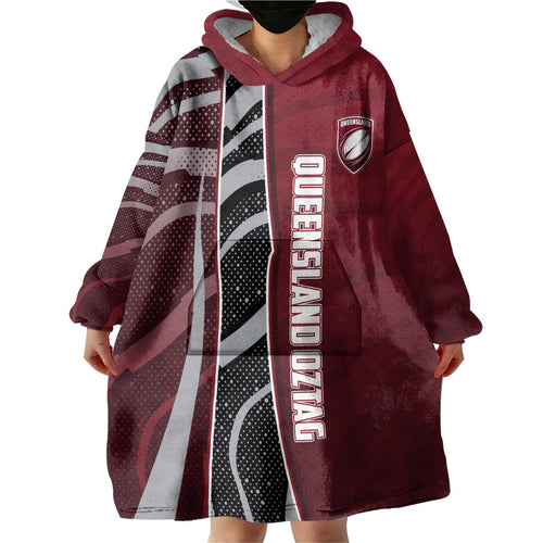 Personalized Queensland Oztag Wearable Blanket Hoodie Abstract Wave And Dotted Pattern Sports