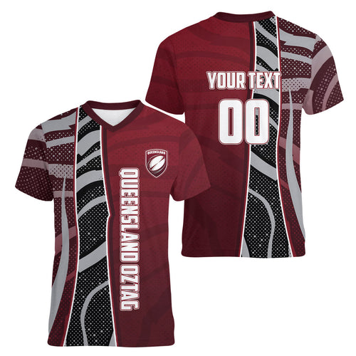 Personalized Queensland Oztag Women V-Neck T-Shirt Abstract Wave And Dotted Pattern Sports