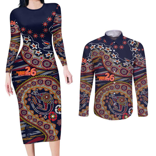 Adelaide Crows NAIDOC Week 2026 Couples Matching Long Sleeve Bodycon Dress and Long Sleeve Button Shirt Australian Aboriginal Dot Art Dreamtime Pattern Style