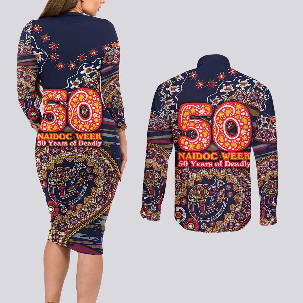 Adelaide Crows NAIDOC Week 2026 Couples Matching Long Sleeve Bodycon Dress and Long Sleeve Button Shirt Australian Aboriginal Dot Art Dreamtime Pattern Style