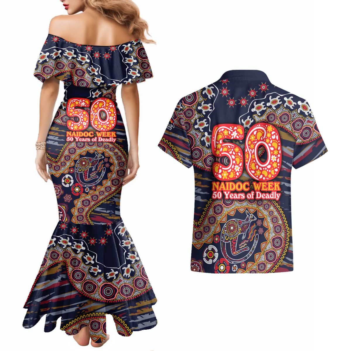Adelaide Crows NAIDOC Week 2026 Couples Matching Mermaid Dress and Hawaiian Shirt Australian Aboriginal Dot Art Dreamtime Pattern Style