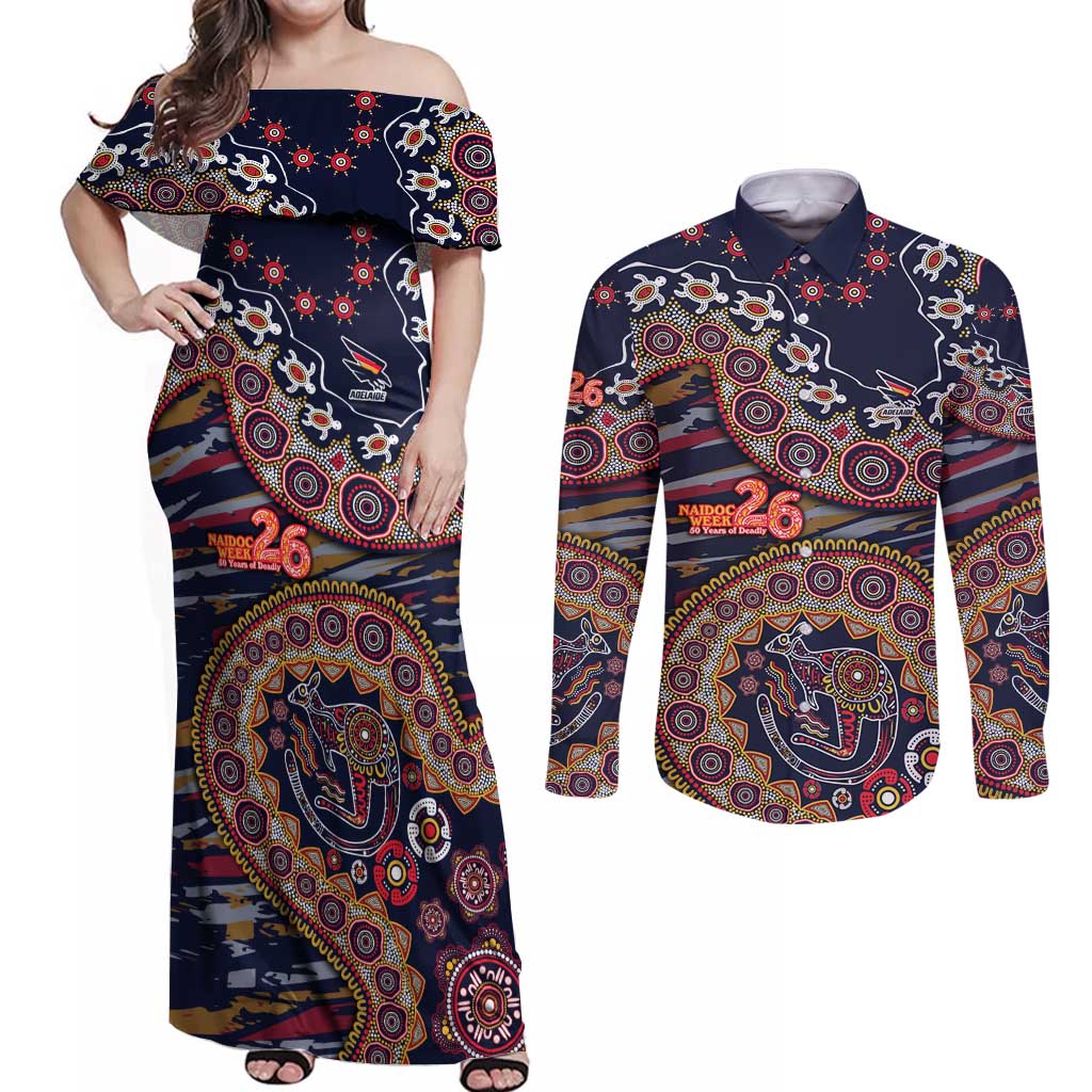 Adelaide Crows NAIDOC Week 2026 Couples Matching Off Shoulder Maxi Dress and Long Sleeve Button Shirt Australian Aboriginal Dot Art Dreamtime Pattern Style