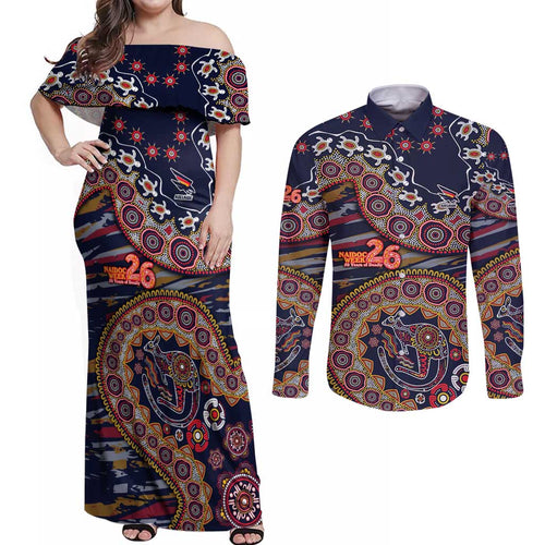Adelaide Crows NAIDOC Week 2026 Couples Matching Off Shoulder Maxi Dress and Long Sleeve Button Shirt Australian Aboriginal Dot Art Dreamtime Pattern Style