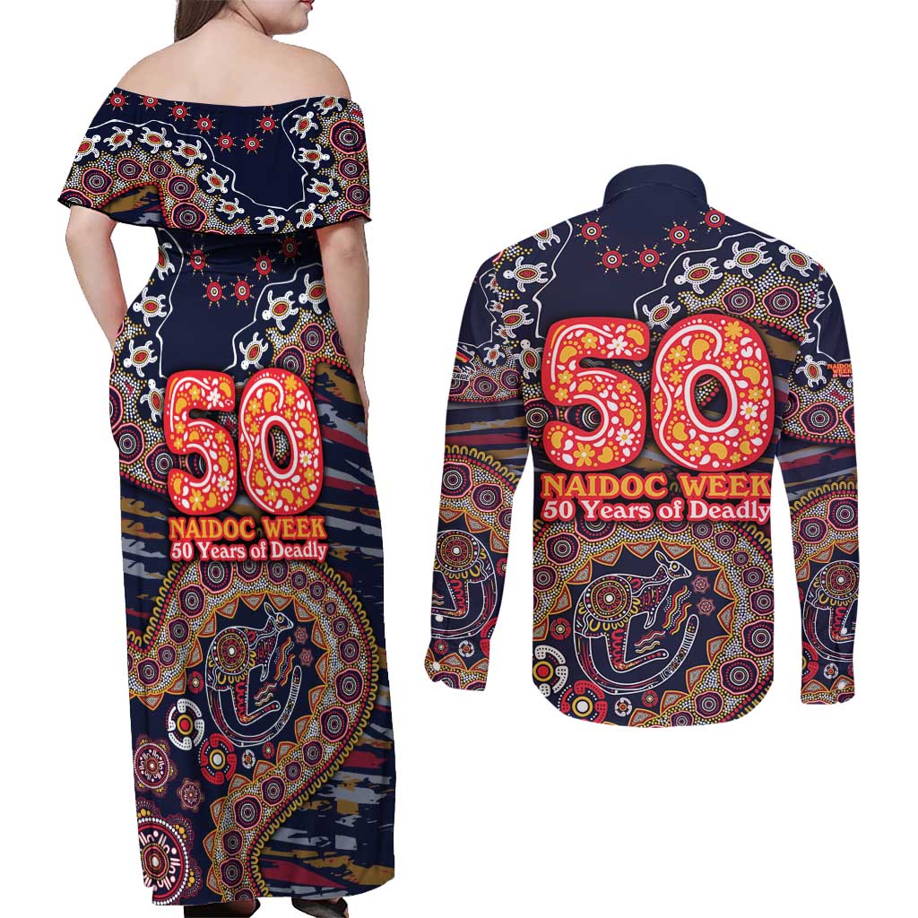 Adelaide Crows NAIDOC Week 2026 Couples Matching Off Shoulder Maxi Dress and Long Sleeve Button Shirt Australian Aboriginal Dot Art Dreamtime Pattern Style