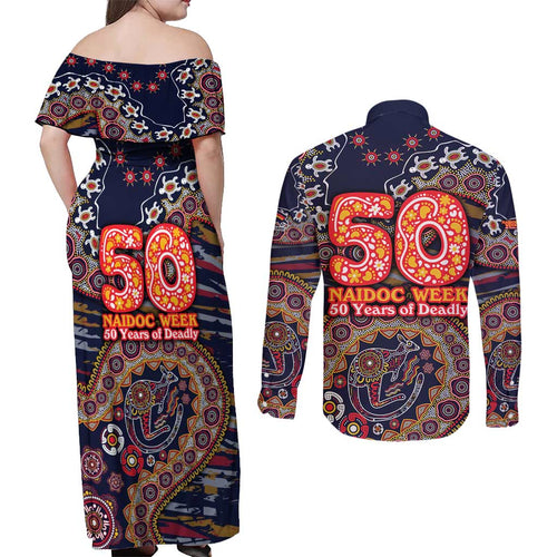 Adelaide Crows NAIDOC Week 2026 Couples Matching Off Shoulder Maxi Dress and Long Sleeve Button Shirt Australian Aboriginal Dot Art Dreamtime Pattern Style