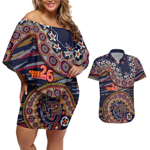 Adelaide Crows NAIDOC Week 2026 Couples Matching Off Shoulder Short Dress and Hawaiian Shirt Australian Aboriginal Dot Art Dreamtime Pattern Style