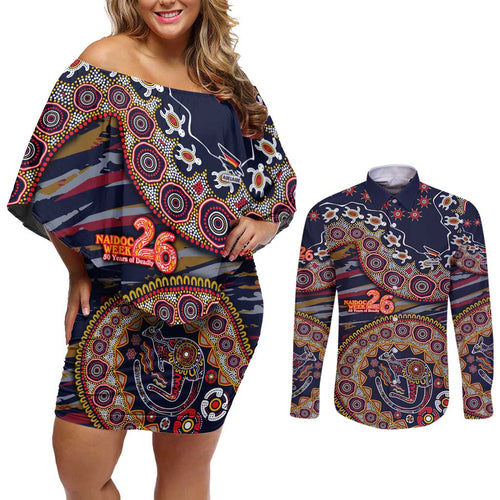 Adelaide Crows NAIDOC Week 2026 Couples Matching Off Shoulder Short Dress and Long Sleeve Button Shirt Australian Aboriginal Dot Art Dreamtime Pattern Style