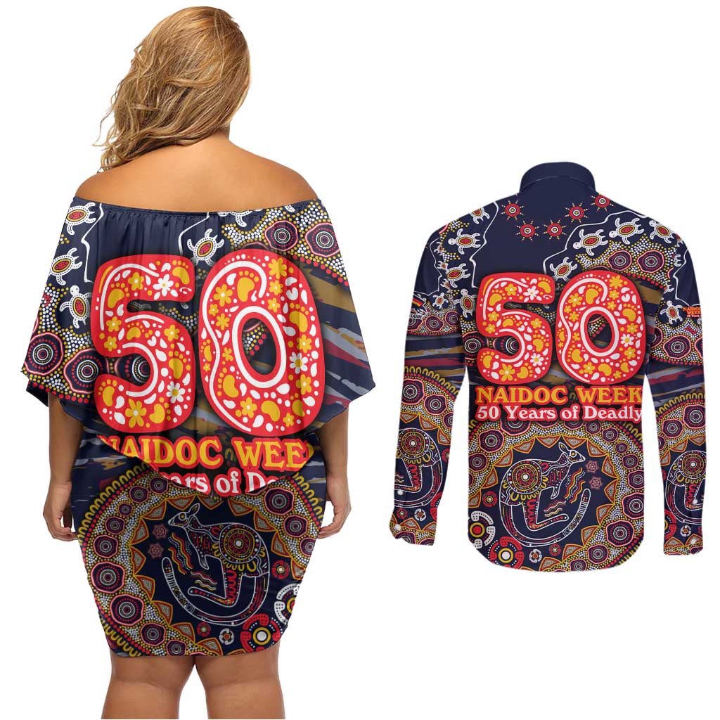Adelaide Crows NAIDOC Week 2026 Couples Matching Off Shoulder Short Dress and Long Sleeve Button Shirt Australian Aboriginal Dot Art Dreamtime Pattern Style