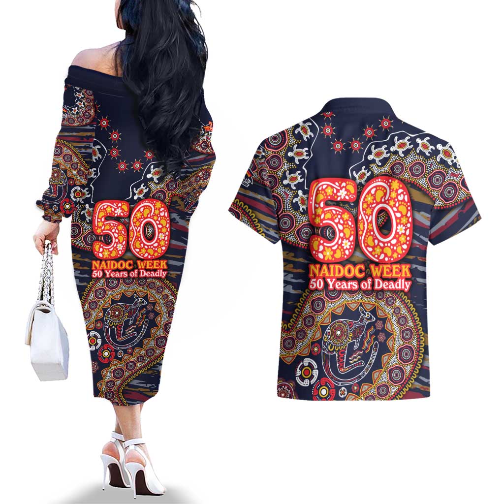 Adelaide Crows NAIDOC Week 2026 Couples Matching Off The Shoulder Long Sleeve Dress and Hawaiian Shirt Australian Aboriginal Dot Art Dreamtime Pattern Style