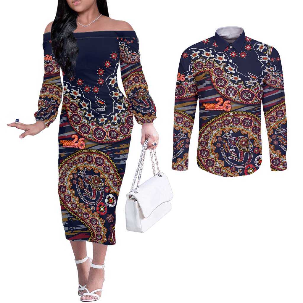Adelaide Crows NAIDOC Week 2026 Couples Matching Off The Shoulder Long Sleeve Dress and Long Sleeve Button Shirt Australian Aboriginal Dot Art Dreamtime Pattern Style