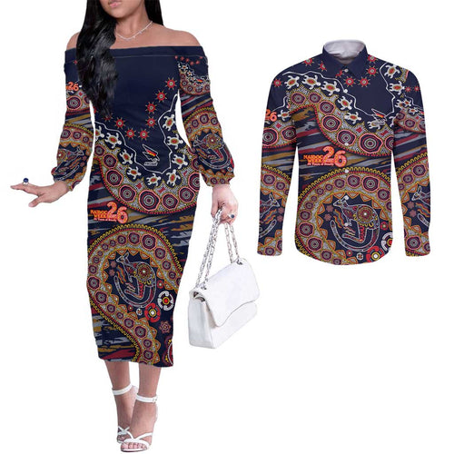 Adelaide Crows NAIDOC Week 2026 Couples Matching Off The Shoulder Long Sleeve Dress and Long Sleeve Button Shirt Australian Aboriginal Dot Art Dreamtime Pattern Style