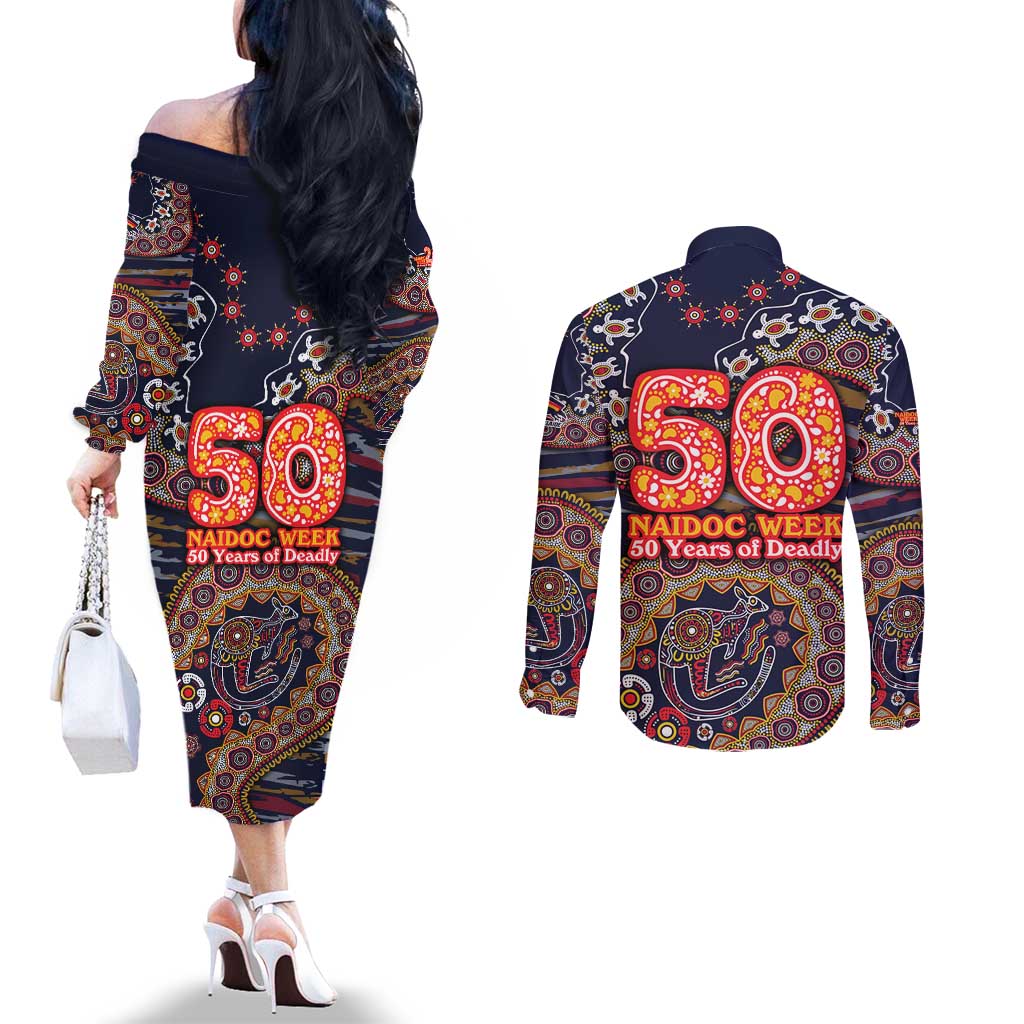 Adelaide Crows NAIDOC Week 2026 Couples Matching Off The Shoulder Long Sleeve Dress and Long Sleeve Button Shirt Australian Aboriginal Dot Art Dreamtime Pattern Style