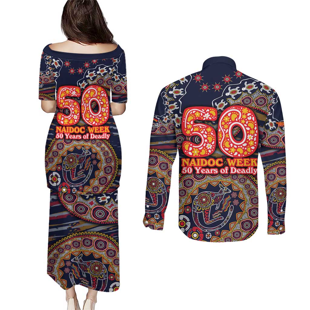 Adelaide Crows NAIDOC Week 2026 Couples Matching Puletasi and Long Sleeve Button Shirt Australian Aboriginal Dot Art Dreamtime Pattern Style
