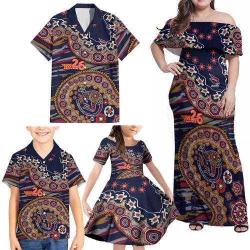 Adelaide Crows NAIDOC Week 2026 Family Matching Off Shoulder Maxi Dress and Hawaiian Shirt Australian Aboriginal Dot Art Dreamtime Pattern Style