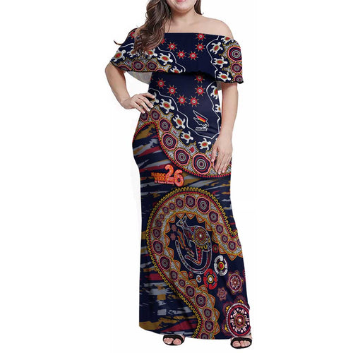 Adelaide Crows NAIDOC Week 2026 Family Matching Off Shoulder Maxi Dress and Hawaiian Shirt Australian Aboriginal Dot Art Dreamtime Pattern Style
