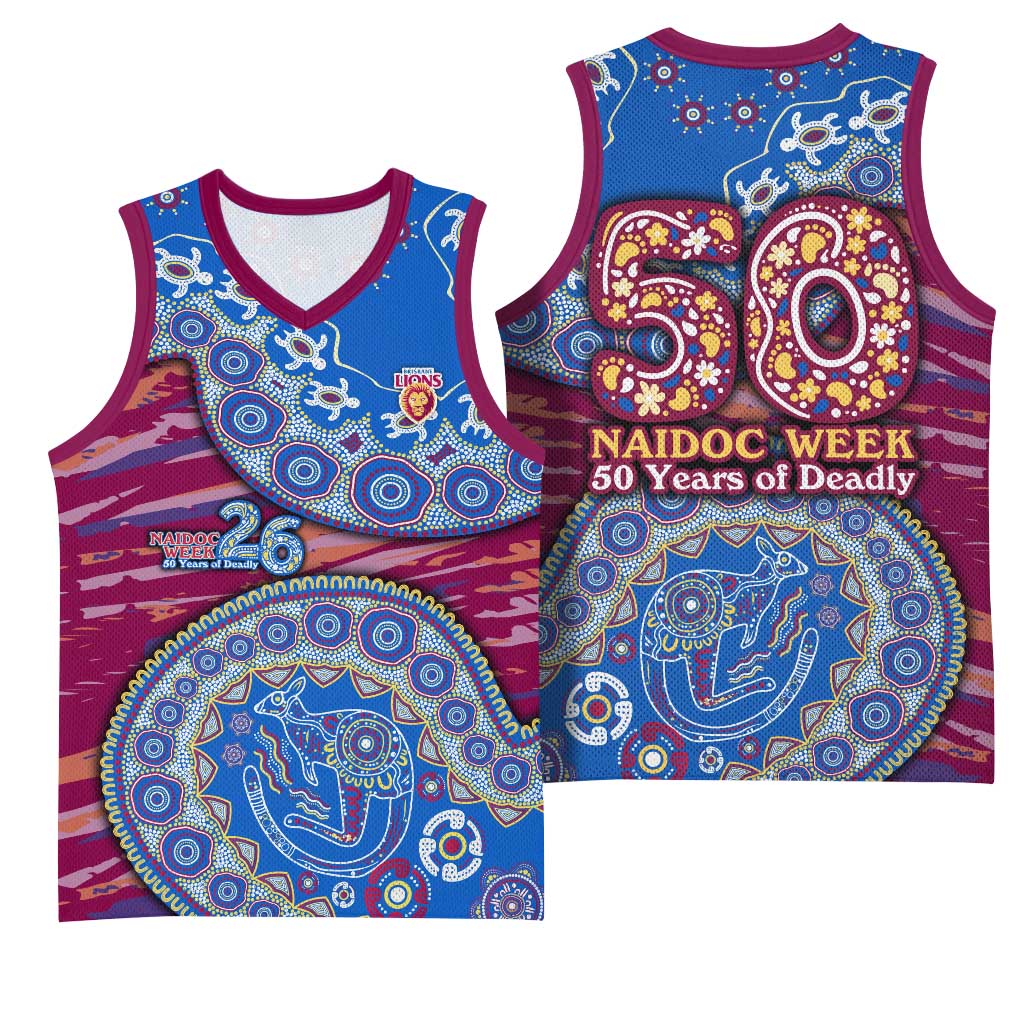 Brisbane Lions NAIDOC Week 2026 Basketball Jersey Australian Aboriginal Dot Art Dreamtime Pattern Style