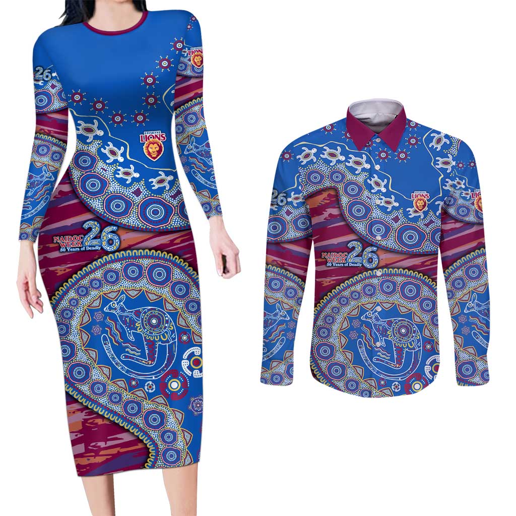 Brisbane Lions NAIDOC Week 2026 Couples Matching Long Sleeve Bodycon Dress and Long Sleeve Button Shirt Australian Aboriginal Dot Art Dreamtime Pattern Style
