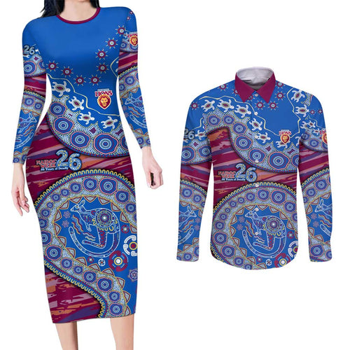 Brisbane Lions NAIDOC Week 2026 Couples Matching Long Sleeve Bodycon Dress and Long Sleeve Button Shirt Australian Aboriginal Dot Art Dreamtime Pattern Style