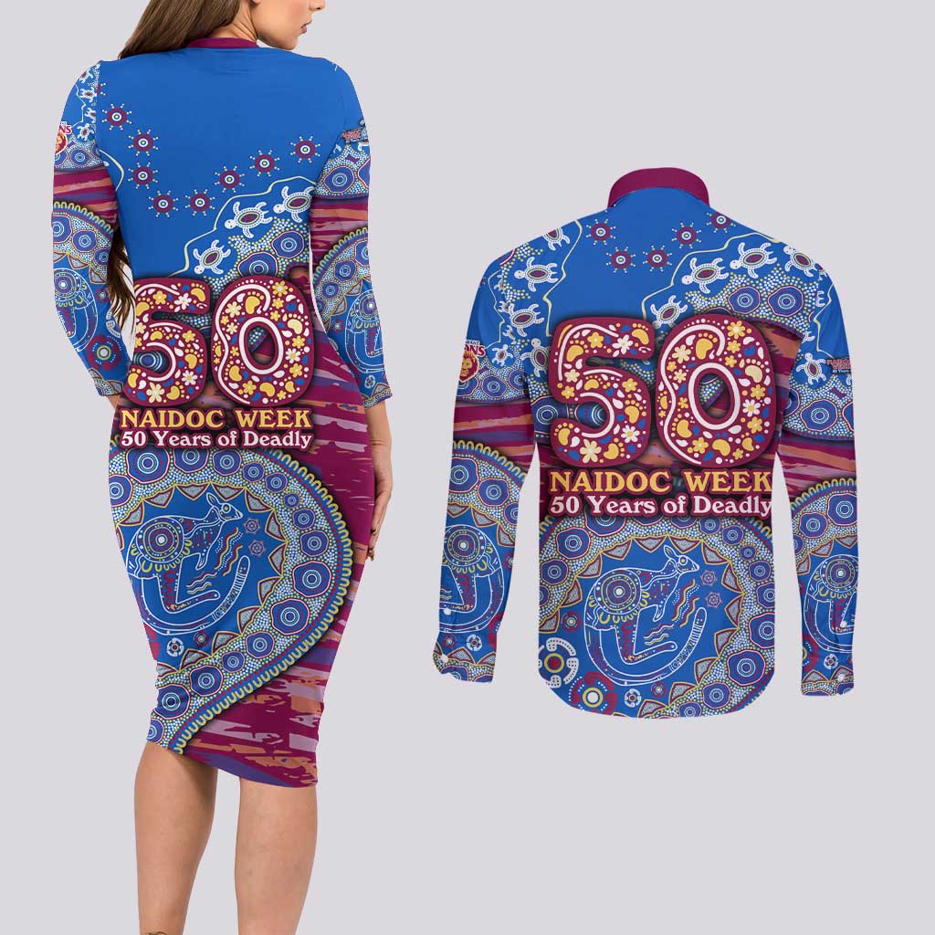 Brisbane Lions NAIDOC Week 2026 Couples Matching Long Sleeve Bodycon Dress and Long Sleeve Button Shirt Australian Aboriginal Dot Art Dreamtime Pattern Style