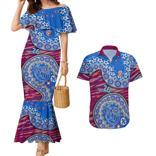 Brisbane Lions NAIDOC Week 2026 Couples Matching Mermaid Dress and Hawaiian Shirt Australian Aboriginal Dot Art Dreamtime Pattern Style