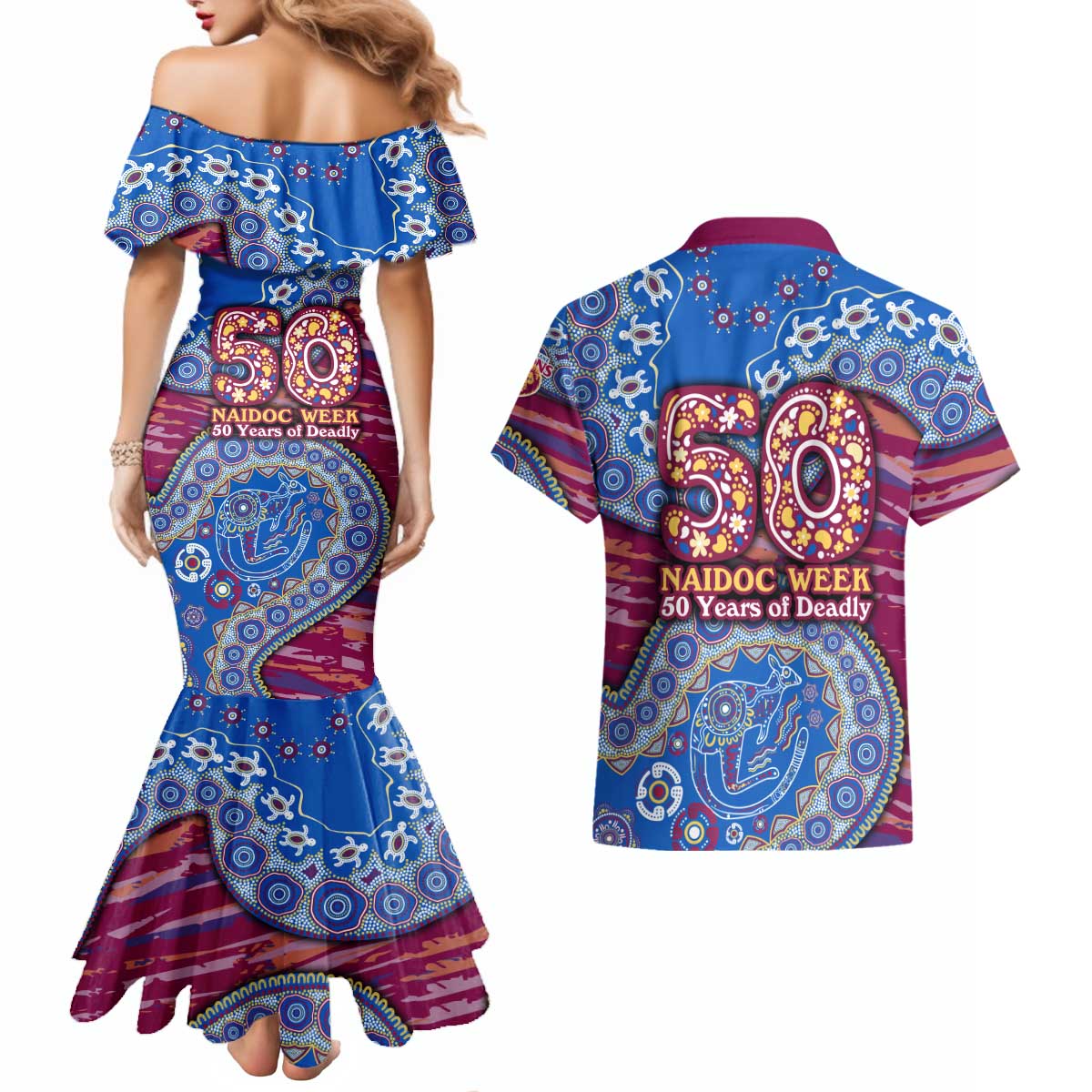 Brisbane Lions NAIDOC Week 2026 Couples Matching Mermaid Dress and Hawaiian Shirt Australian Aboriginal Dot Art Dreamtime Pattern Style