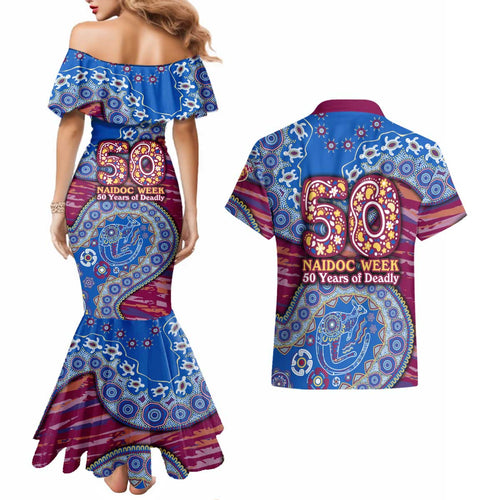 Brisbane Lions NAIDOC Week 2026 Couples Matching Mermaid Dress and Hawaiian Shirt Australian Aboriginal Dot Art Dreamtime Pattern Style